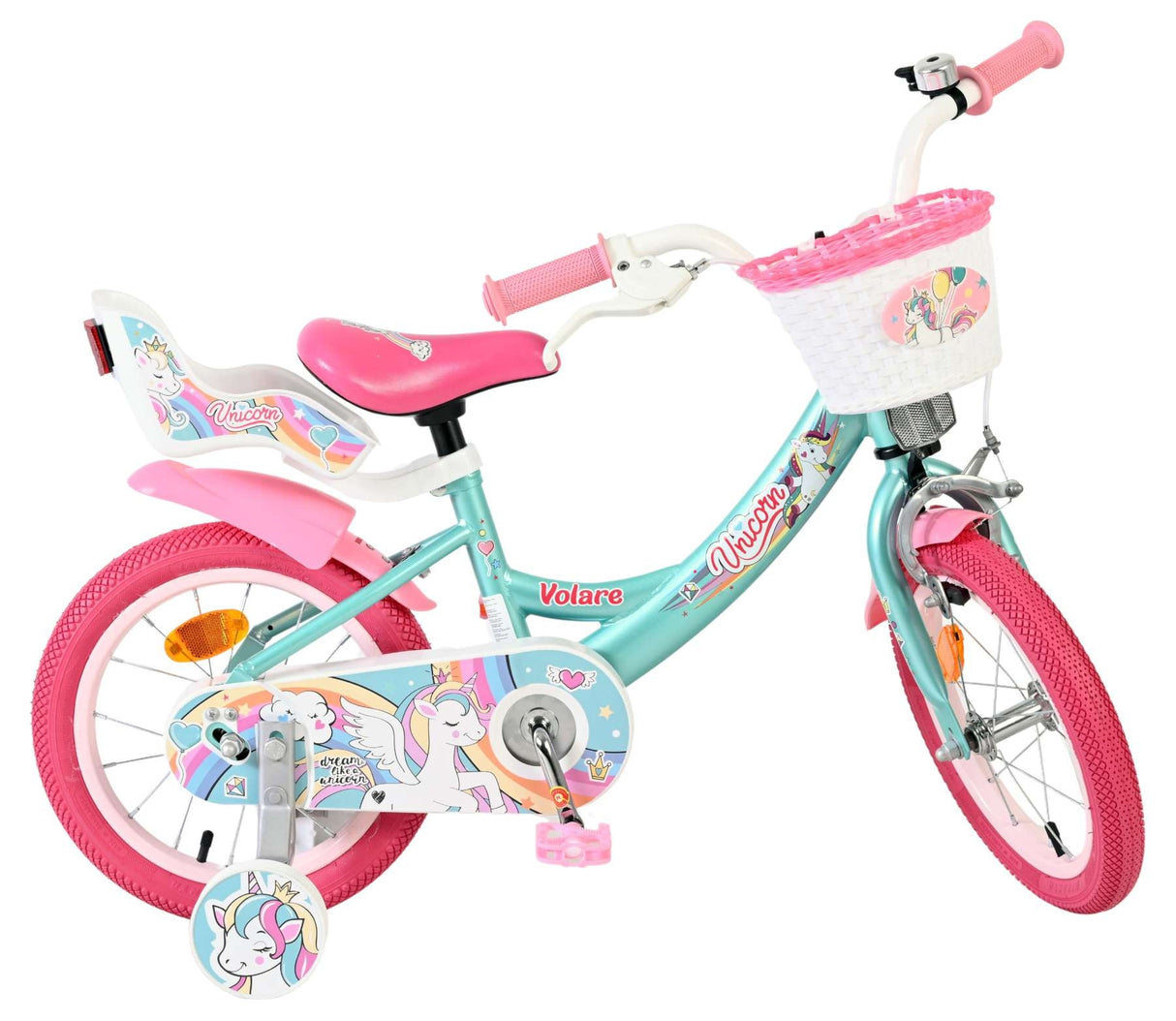 Kinderfahrrad in Türkis und Pink mit Einhorn-Motiv und Korb