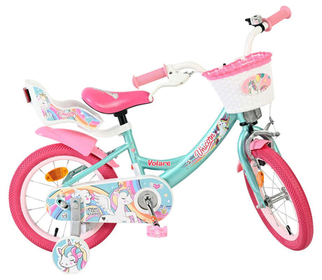 Kinderfahrrad in Türkis und Pink mit Einhorn-Motiv und Korb