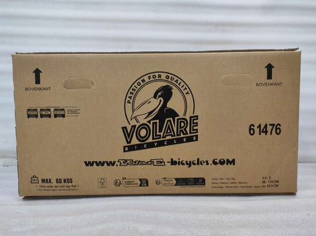 Kartonverpackung für ein Fahrrad mit Logo und Gewichtsangabe