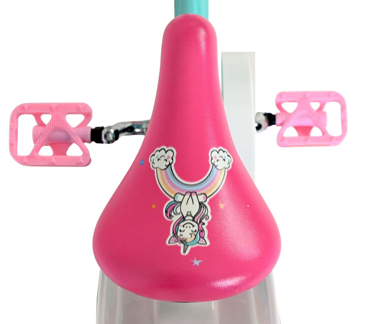Rosa Fahrradsattel mit Einhorn- und Regenbogenmotiv, kindgerecht gestaltet