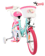 Kinderfahrrad in Pink und Blau mit Korb und Einhorn-Motiv