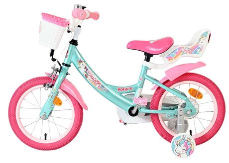 Kinderfahrrad in Mintgrün mit pinken Akzenten und Korb vorne