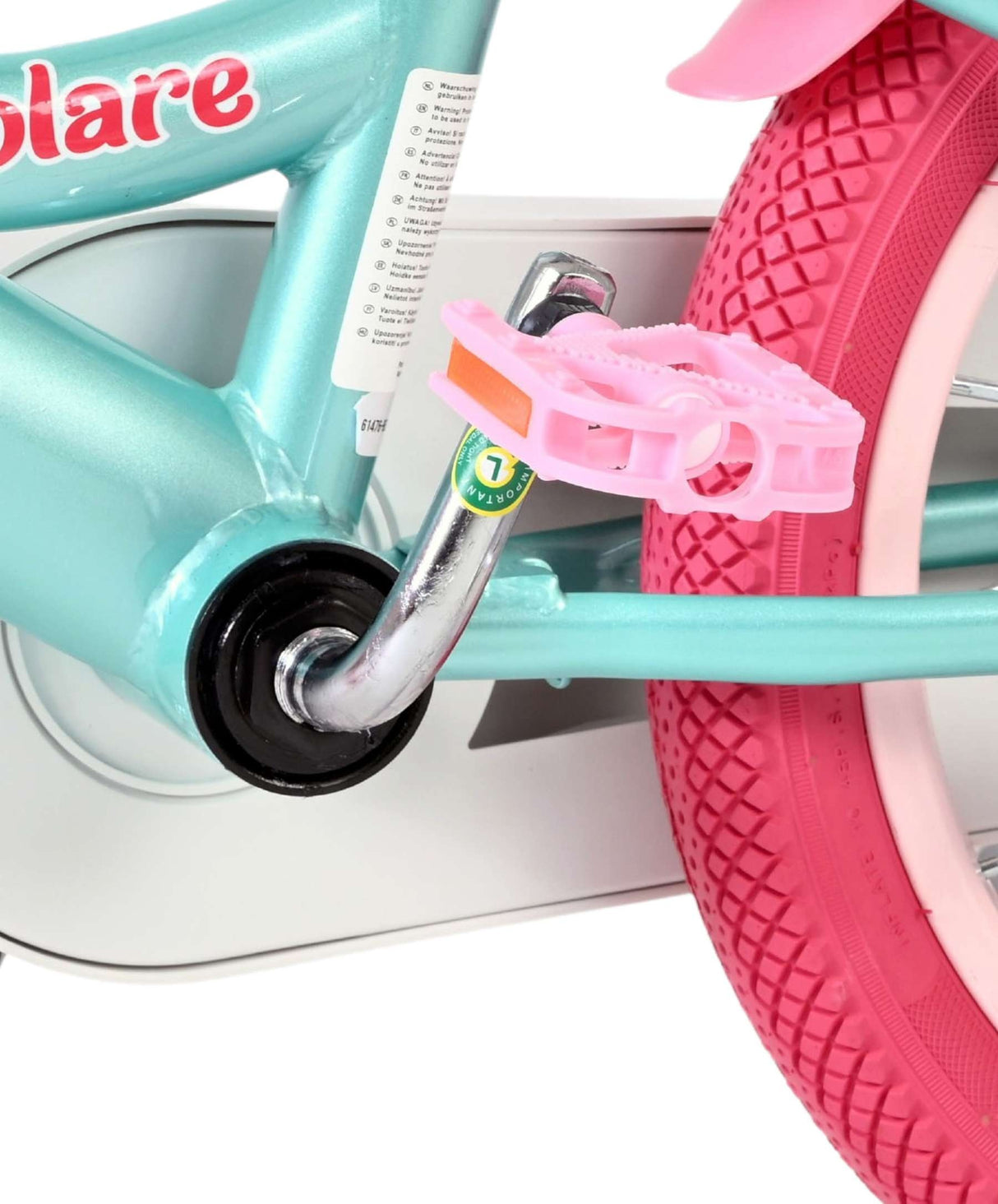 Bunte Fahrradpedale in Pink an einem türkisfarbenen Fahrradrahmen