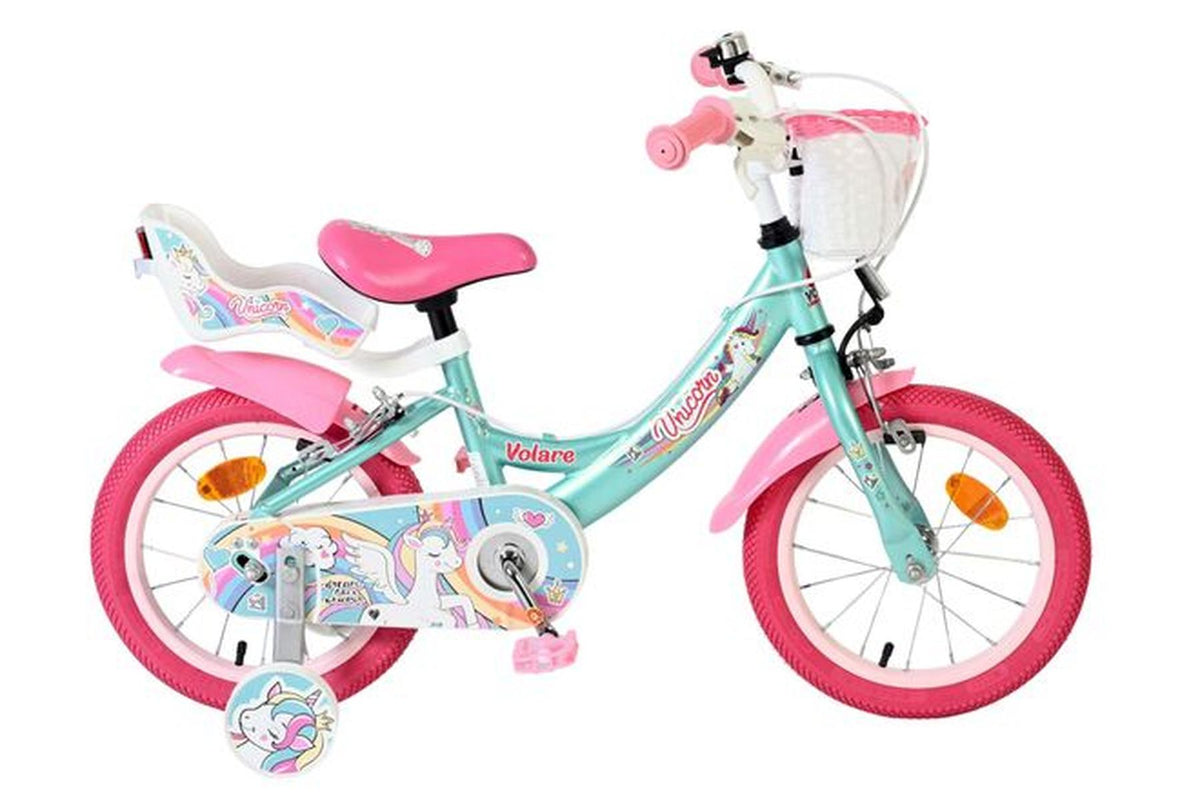 Kinderfahrrad in Mintgrün und Pink mit Einhorn-Motiv und Korb