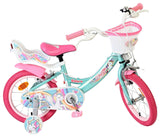 Kinderfahrrad in Türkis und Pink mit Einhorn-Motiv und Korb