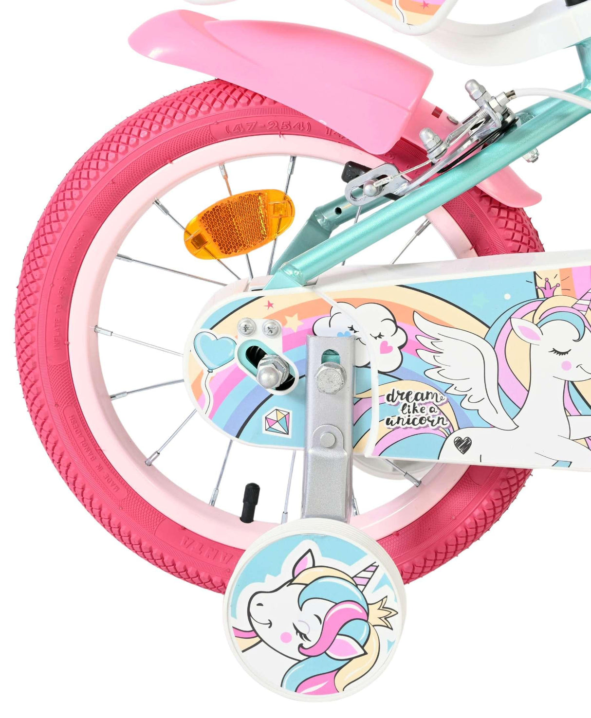 Buntes Kinderfahrrad mit Einhorn-Motiv und pinkem Reifen