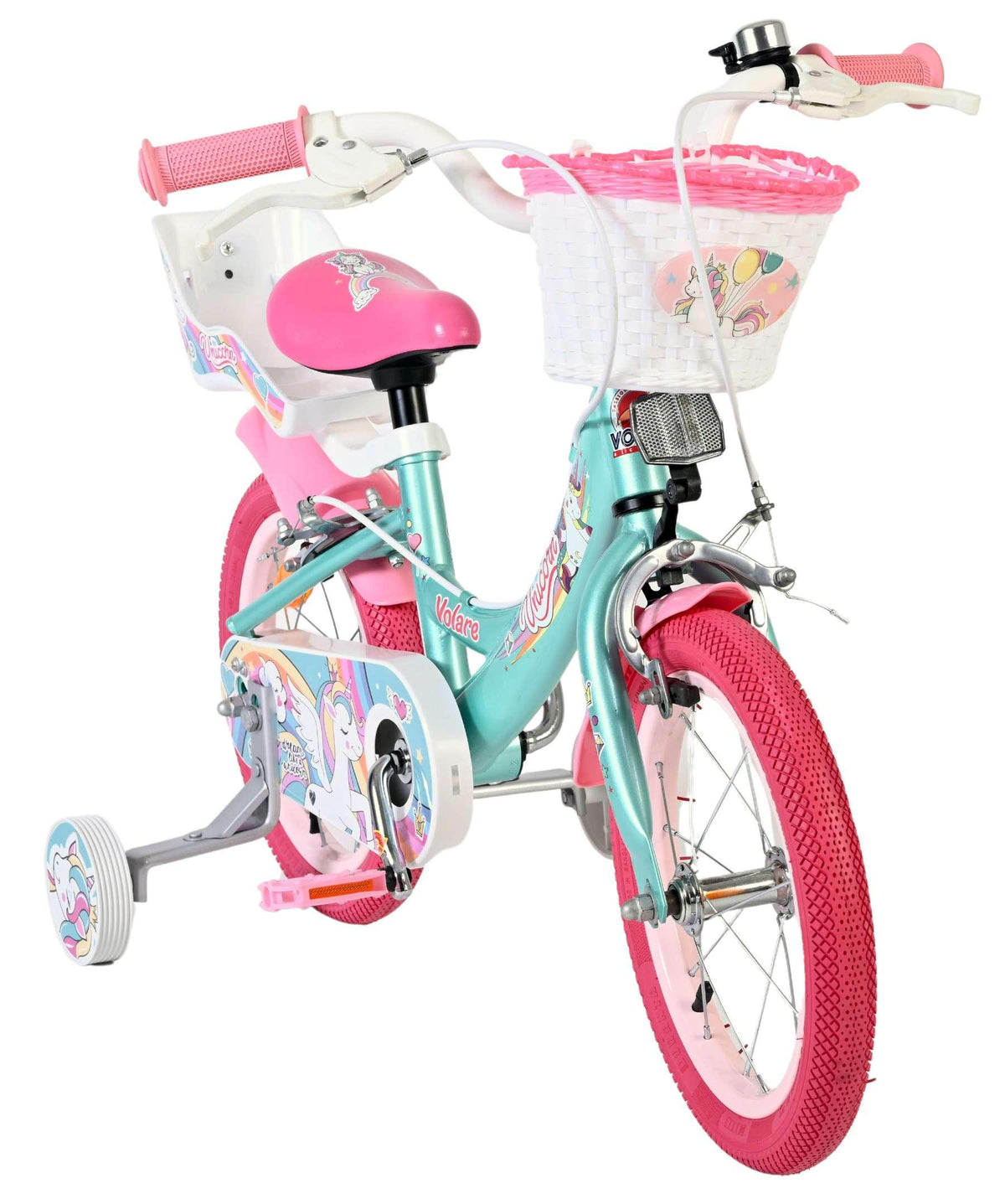 Kinderfahrrad in Pink und Blau mit Einhorn-Motiven und Korb