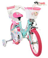 Kinderfahrrad in Pink und Blau mit Einhorn-Motiven und Korb
