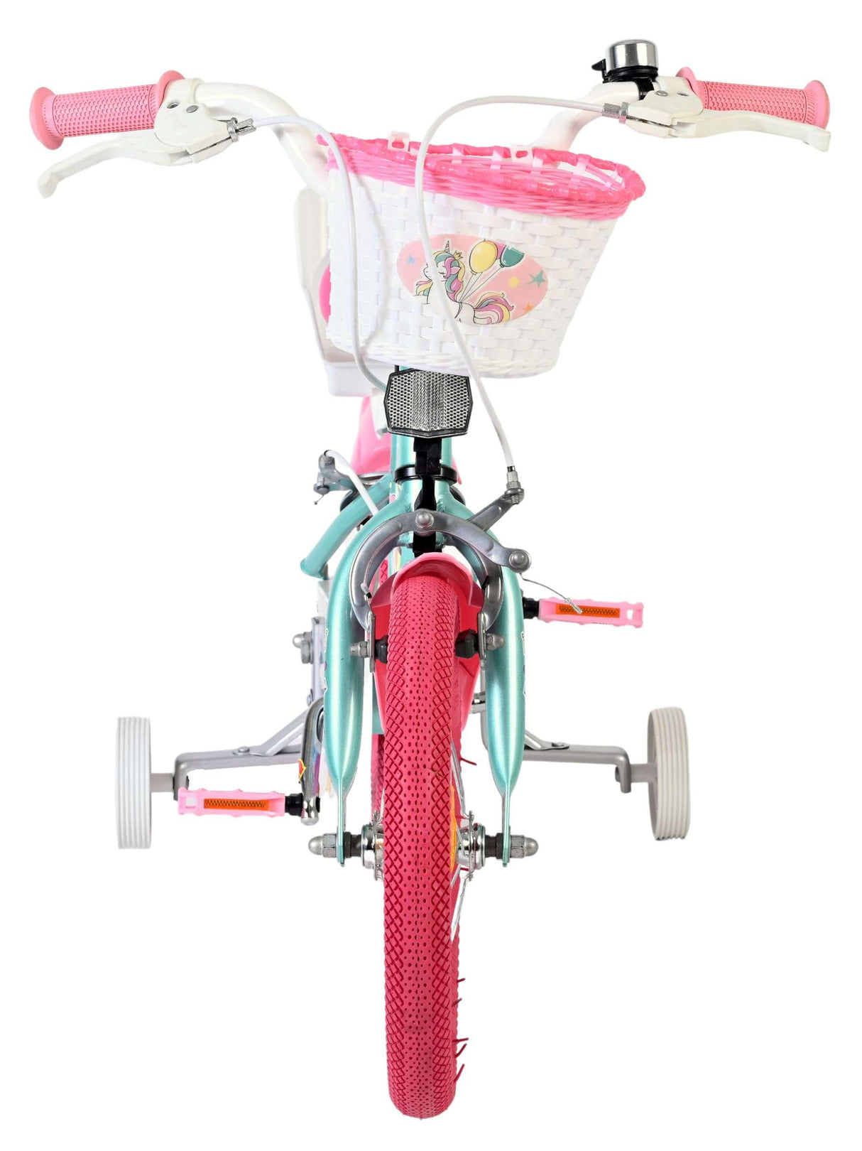 Kinderfahrrad mit pinken Reifen und Korb vorne, hellblau und pink