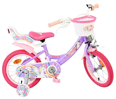 Rosa Kinderfahrrad mit Einhorn-Motiv und Korb vorne