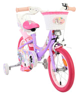 Lila Kinderfahrrad mit Einhorn-Motiv und Korb vorne