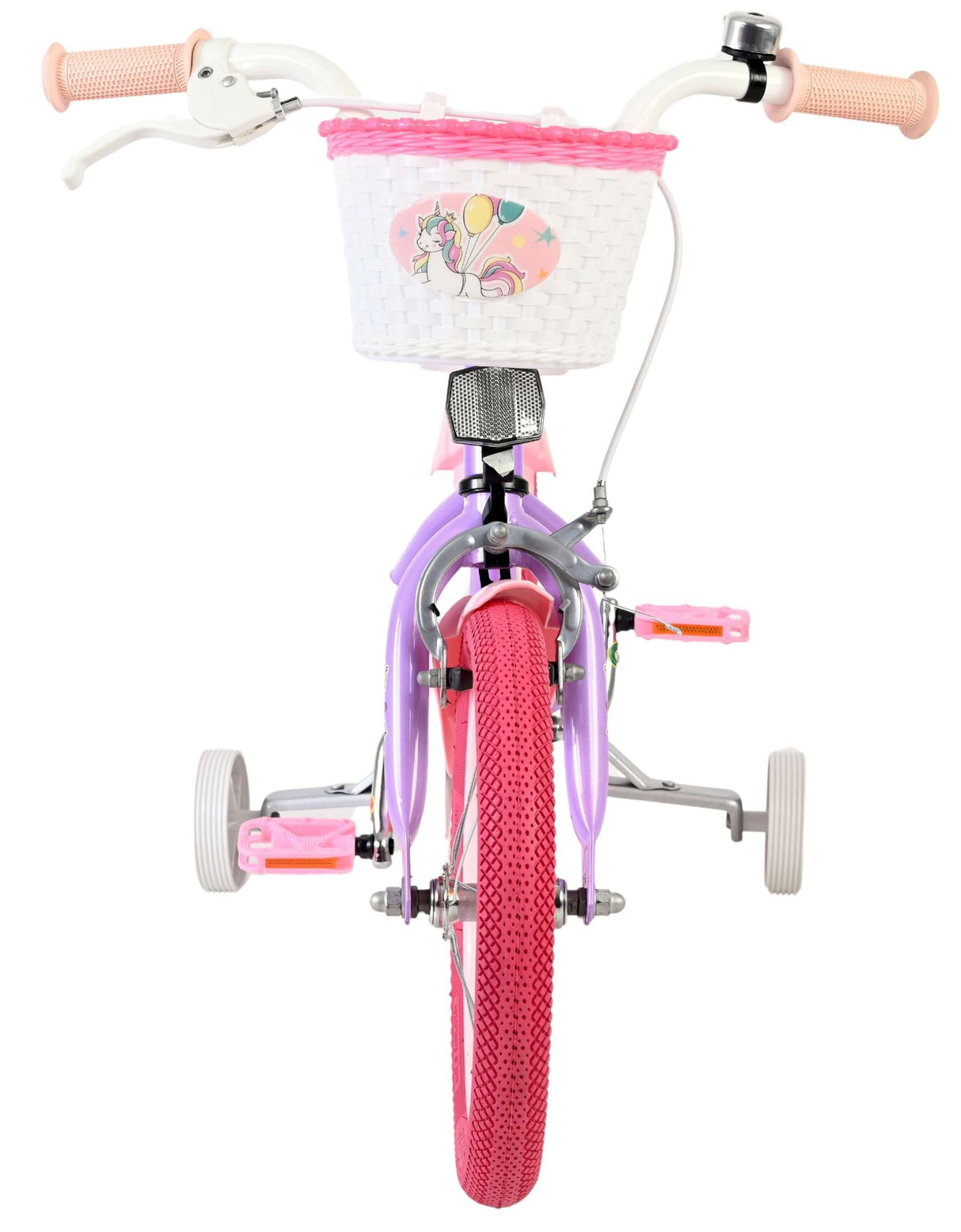 Kinderfahrrad in Lila mit pinkem Korb und bunten Reifen