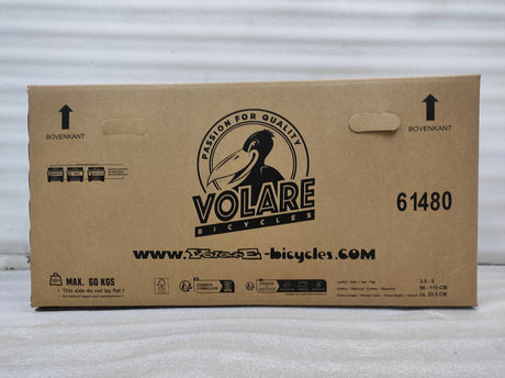 Kartonverpackung für ein Fahrrad mit Gewichtsbeschränkung und Handhabungshinweisen