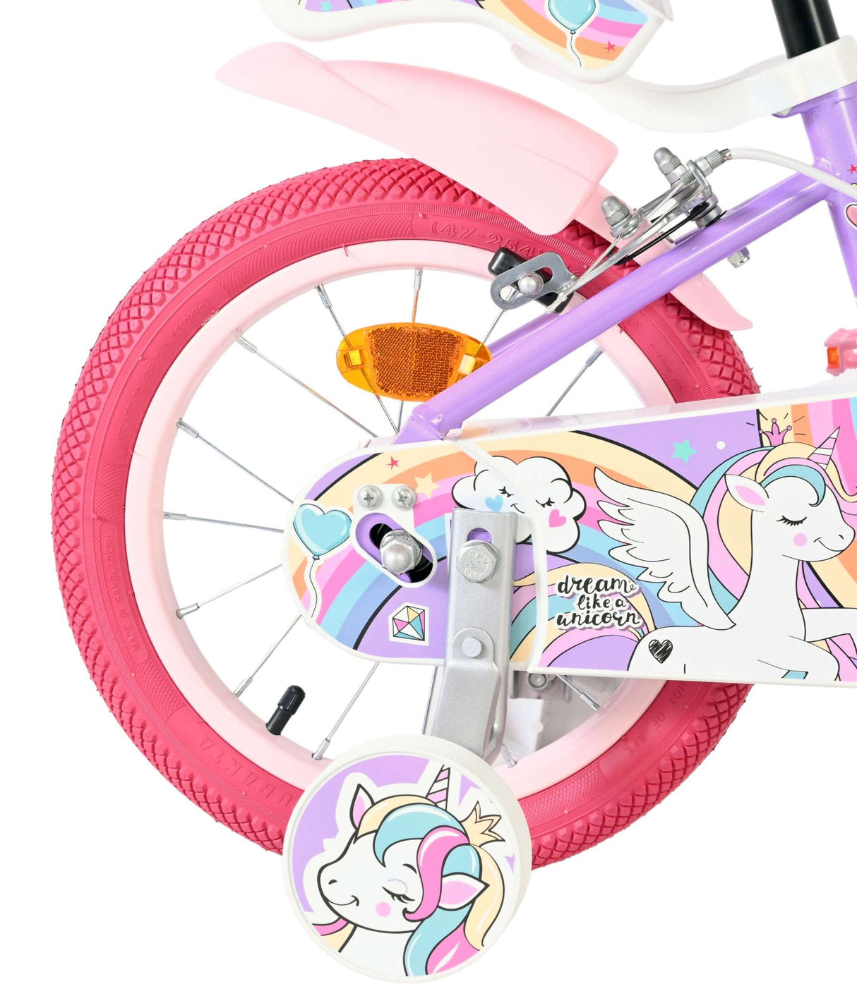 Kinderfahrrad mit Einhorn-Motiv und pinken Reifen