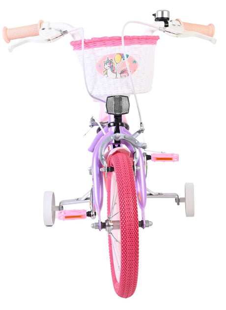 Kinderfahrrad in Lila mit pinkem Korb und buntem Einhorn-Motiv