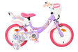 Lila Kinderfahrrad mit Einhorn-Motiv und pinken Details