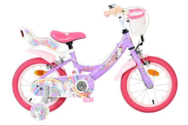 Lila Kinderfahrrad mit Einhorn-Motiv und pinken Details