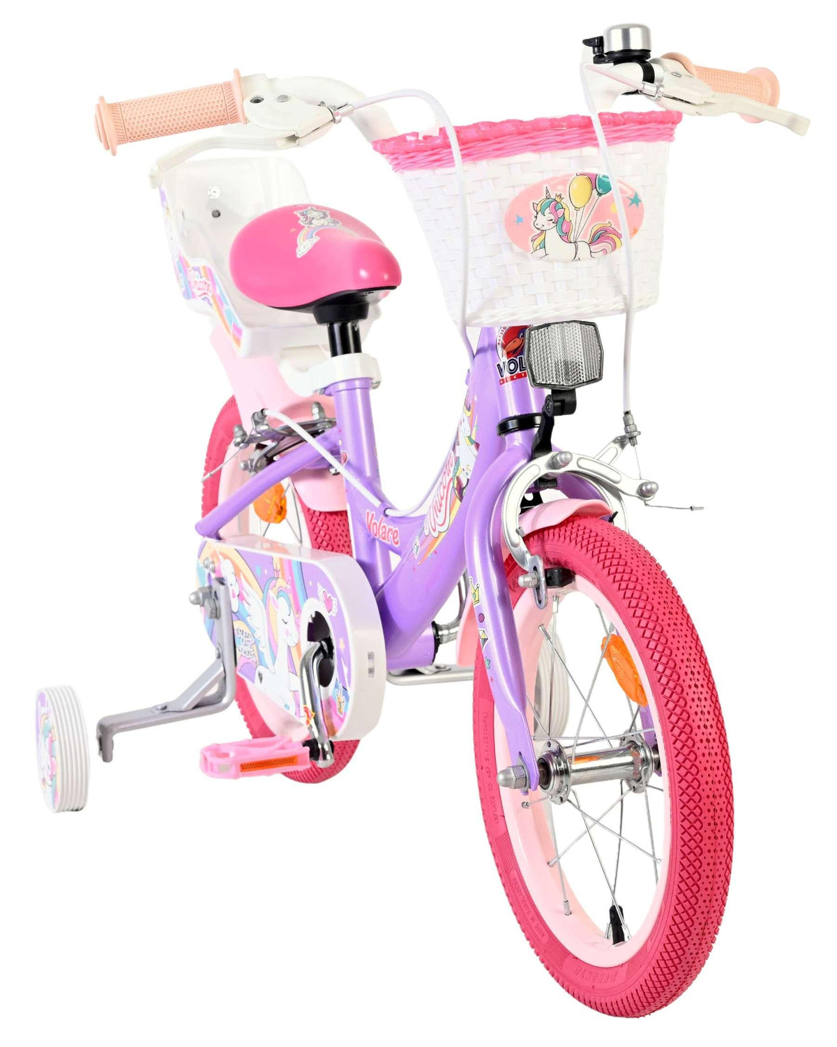 Kinderfahrrad in Lila mit Einhorn-Motiv und Korb vorne