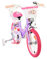 Kinderfahrrad in Lila mit Einhorn-Motiv und Korb vorne