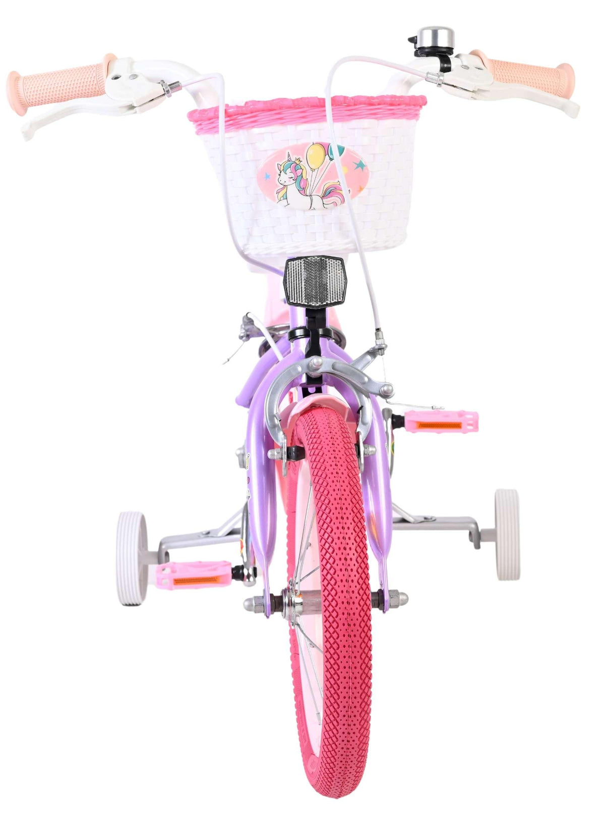 Lila Kinderfahrrad mit pinken Reifen und Korb im Einhorn-Design