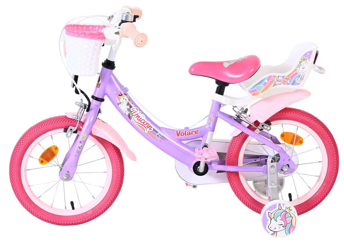 Lila Kinderfahrrad mit pinken Akzenten und Einhorn-Motiv