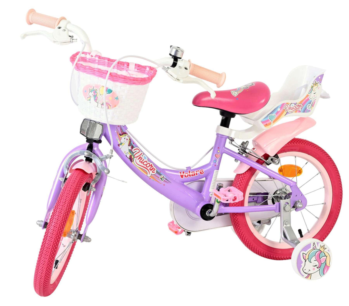 Lila Kinderfahrrad mit pinken Akzenten und Korb vorne