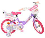 Lila Kinderfahrrad mit Einhorn-Motiv und pinken Reifen und Korb