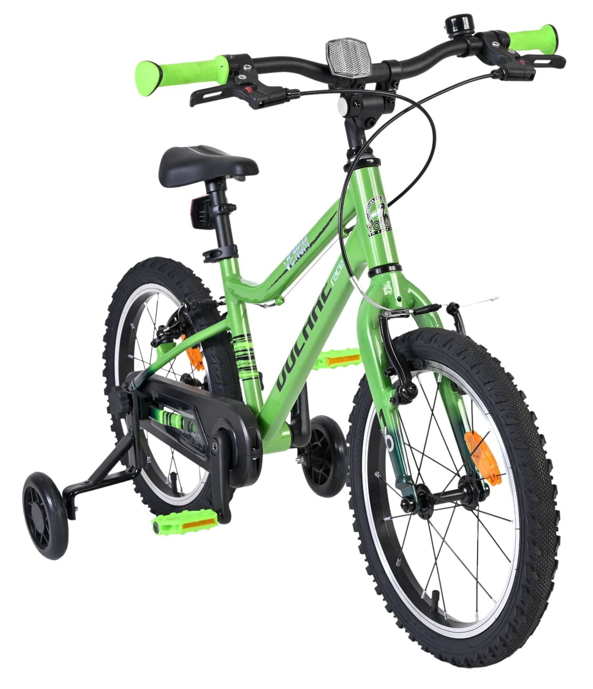 Grünes Kinderfahrrad mit Stützrädern und rutschfesten Pedalen
