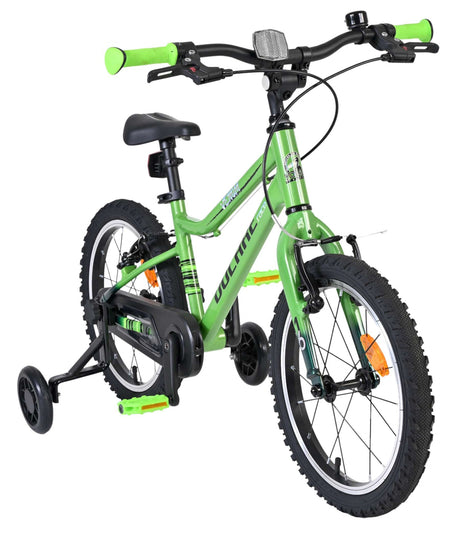 Grünes Kinderfahrrad mit Stützrädern und rutschfesten Pedalen
