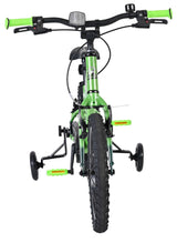Kinderfahrrad in Grün mit Stützrädern und reflektierendem Scheinwerfer
