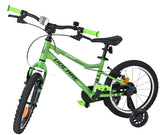 Grünes Kinderfahrrad mit zwei Rädern und schwarzem Sattel
