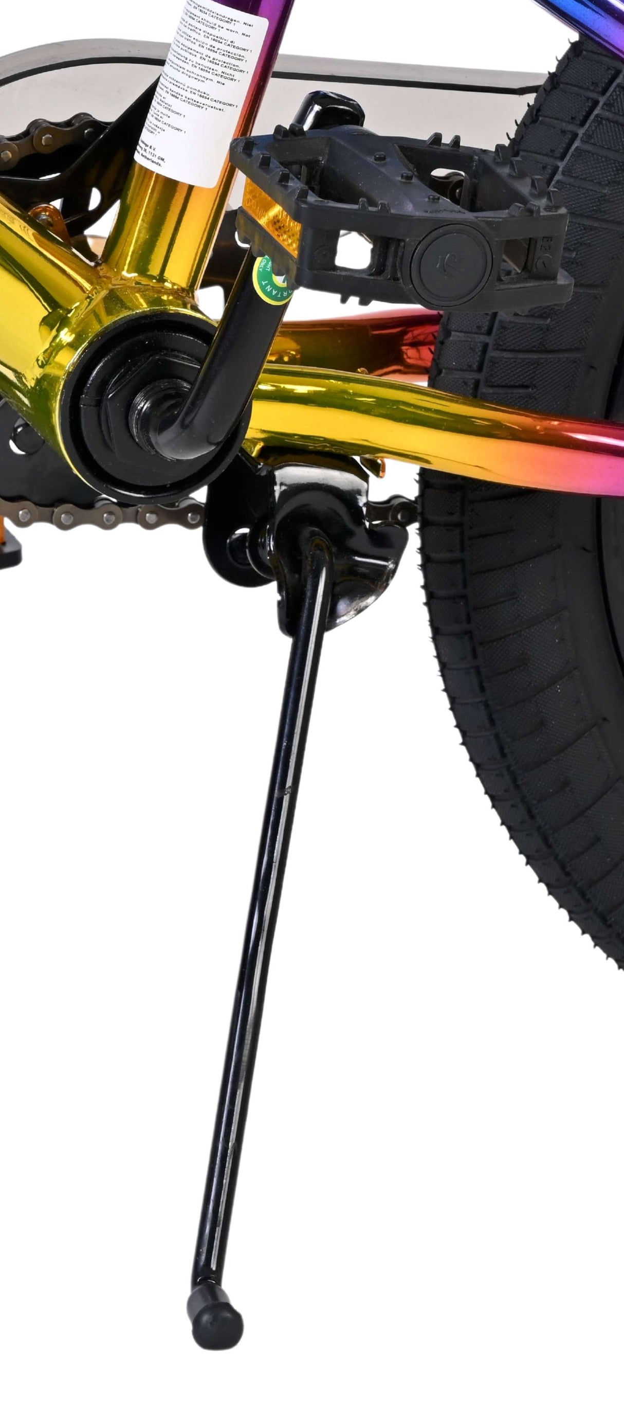 Bunte Fahrradstütze mit schwarzem Standfuß und Kettenantriebssystem