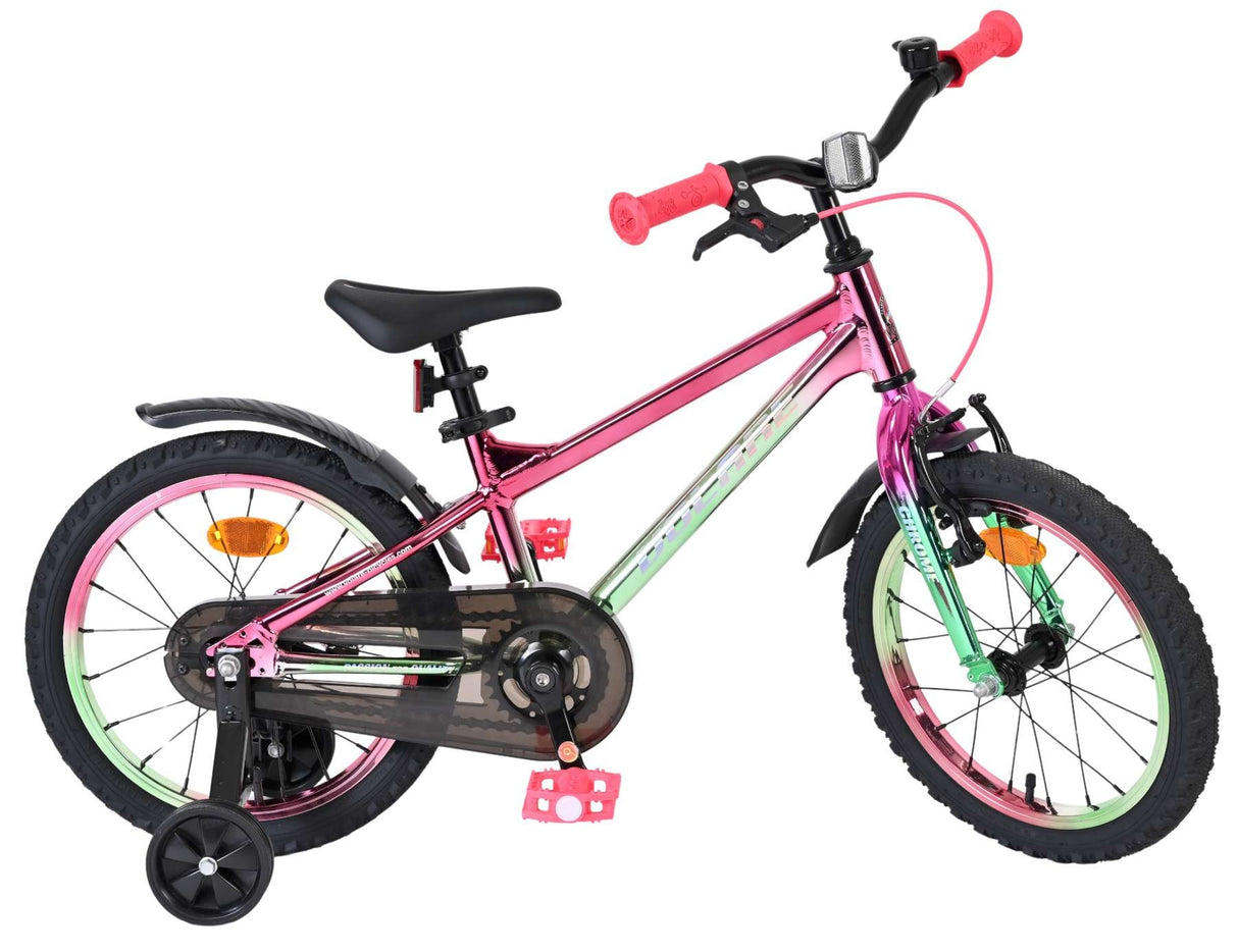 Kinderfahrrad in Pink und Grün mit Stützrädern und reflektierenden Elementen