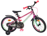 Kinderfahrrad in Pink und Grün mit Stützrädern und reflektierenden Elementen