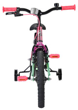 Kinderfahrrad in Pink mit grünen Pedalen und Stützrädern