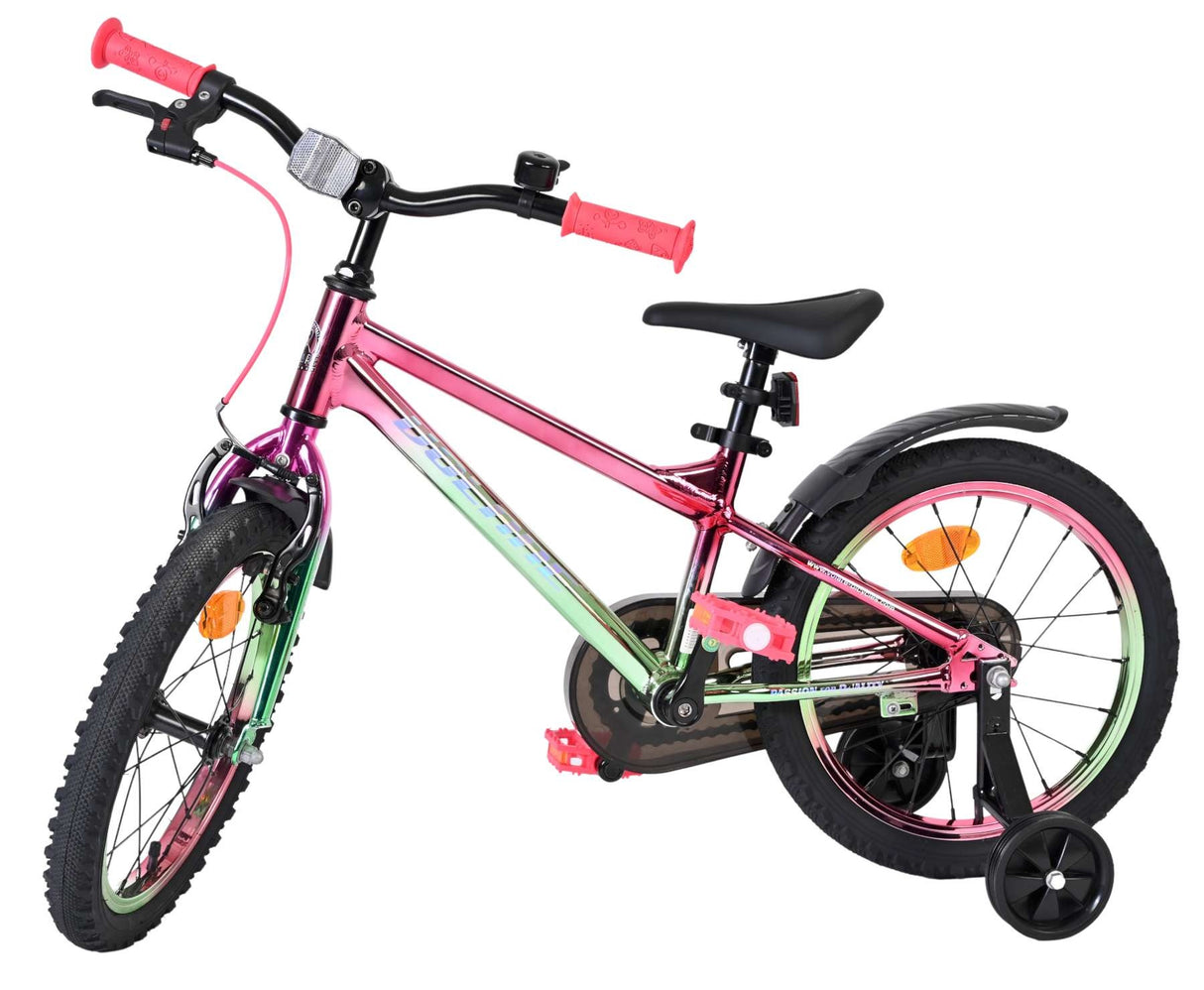 Kinderfahrrad in Pink und Grün mit Stützrädern und Gummireifen