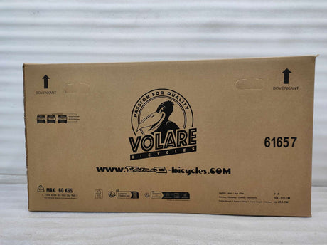Kartonverpackung für ein Fahrrad mit Logo und Gewichtsangabe