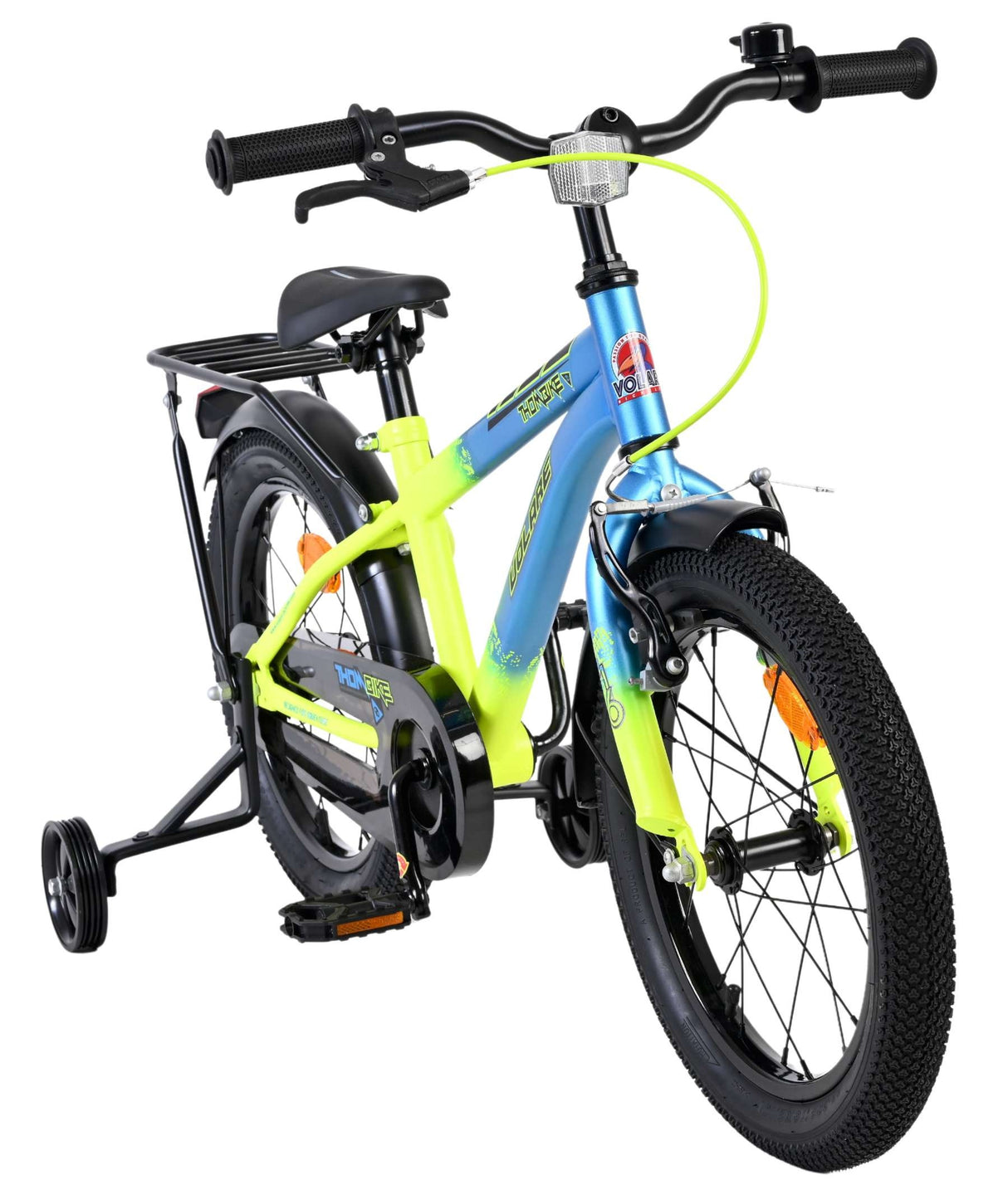 Kinderfahrrad in Blau und Gelb mit Stützrädern und Gepäckträger