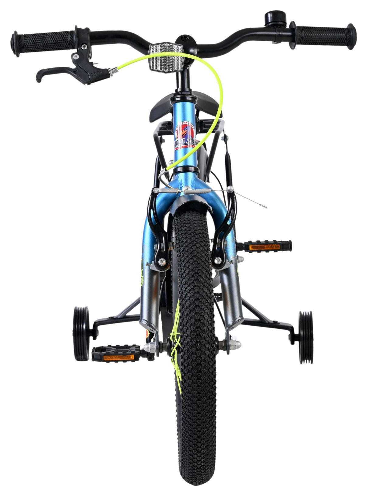 Fahrrad mit drei Rädern, blauer Rahmen und gelben Bremsleitungen