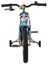 Fahrrad mit drei Rädern, blauer Rahmen und gelben Bremsleitungen