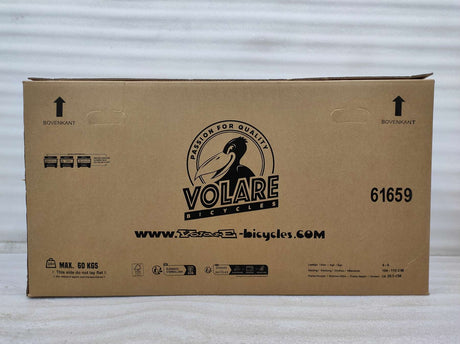 Kartonverpackung für ein Fahrrad mit Logo und Informationen