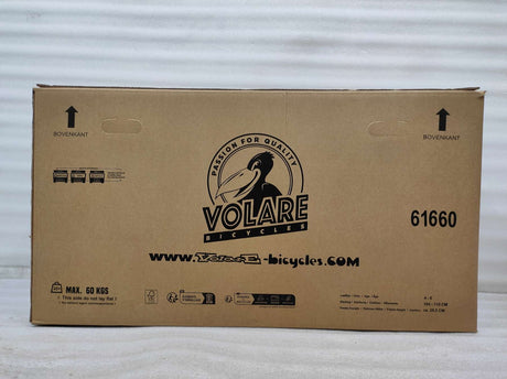 Kartonverpackung für ein Fahrrad mit Logo und Informationen