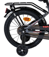 Schwarzes Fahrrad mit stabiler Hinterradaufhängung und Stützrad