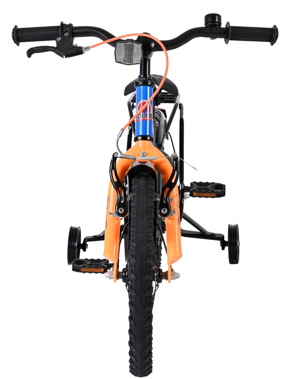 Kinderfahrrad in Orange mit Stützrädern und schwarzem Rahmen