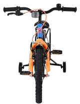 Kinderfahrrad in Orange mit Stützrädern und schwarzem Rahmen