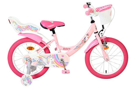 Rosa Kinderfahrrad mit Einhorn-Motiv und Korb vorne