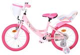 Rosa Kinderfahrrad mit Einhorn-Motiv und Korb vorne