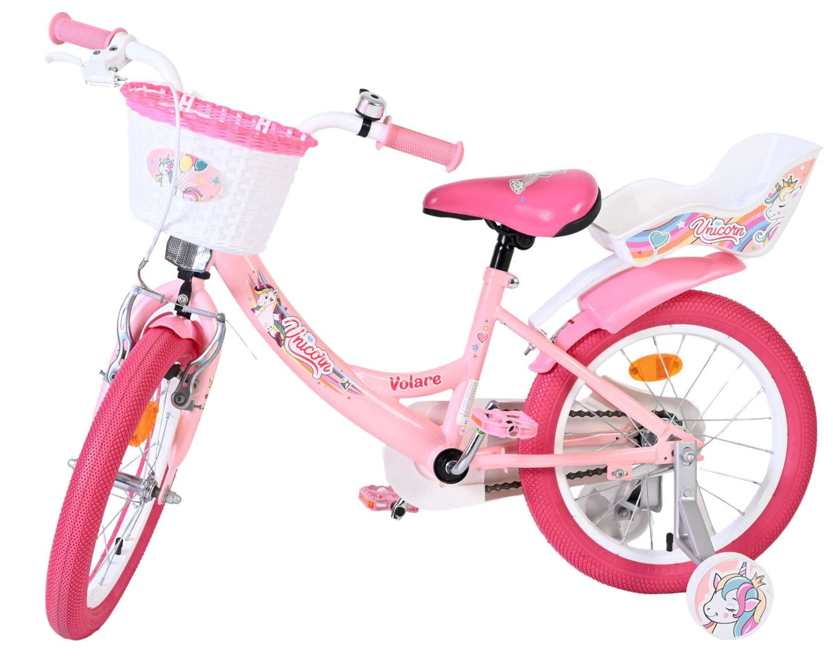 Rosa Kinderfahrrad mit Korb und Einhorn-Motiv, 16 Zoll Reifen
