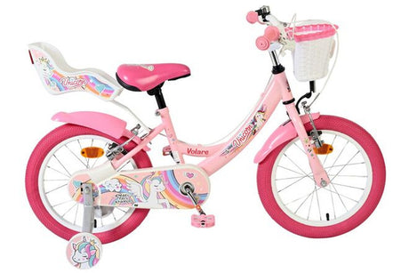 Rosa Kinderfahrrad mit Einhornmotiv und Korb vorne