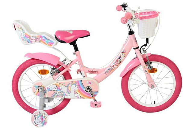 Rosa Kinderfahrrad mit Einhorn-Motiv, Korb und Stützrädern